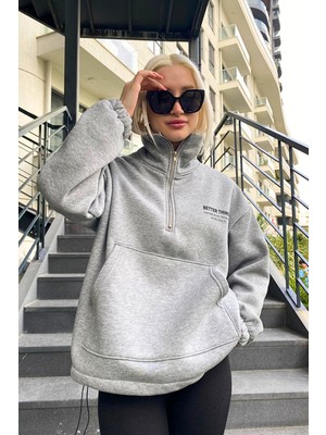 Madmext Gri Dik Yaka Fermuarlı Kadın Sweatshirt MG1935