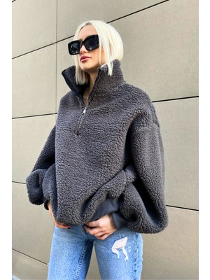 Madmext Füme Peluş Fermuar Yaka Sweatshirt MG1413