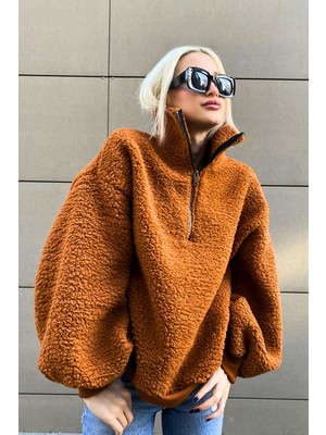 Madmext Kiremit Peluş Fermuar Yaka Sweatshirt MG1413
