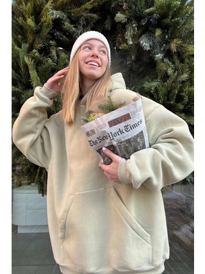 Madmext Bej Oversize Sweatshirt Kadın Kapüşonlu Uzun Kol Ekstra Kalın Konfor