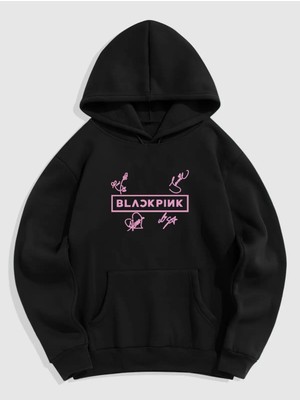 Natch Wear Siyah Ön Black Pink Kalpli Baskılı Oversize Sweatshirt