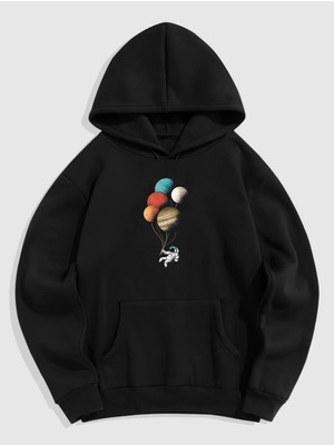 Natch Wear Siyah Ön Balonlu Astronot Baskılı Oversize Sweatshirt