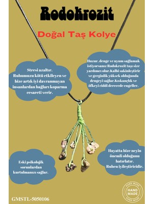 Doğal Taş Dünyası Orijinal Doğal Taş Rodokrozit Taşı El Yapımı Bakır Tel Sarma Kolye