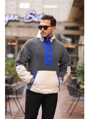 Valiberta Kapüşonlu Kanguru Cepli Yarım Fermuar Peluş Sweatshirt - Füme