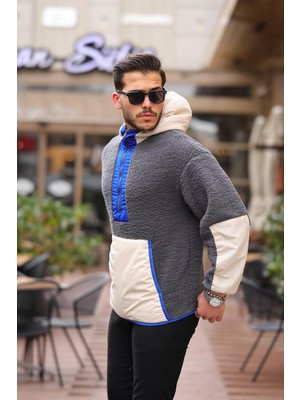 Valiberta Kapüşonlu Kanguru Cepli Yarım Fermuar Peluş Sweatshirt - Füme