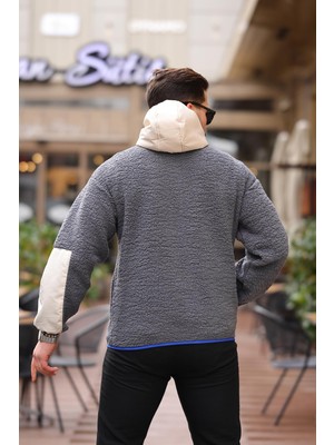 Valiberta Kapüşonlu Kanguru Cepli Yarım Fermuar Peluş Sweatshirt - Füme