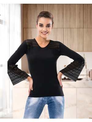 Derya Kurşun Güpürlü Uzun Kol Kadın Body 122