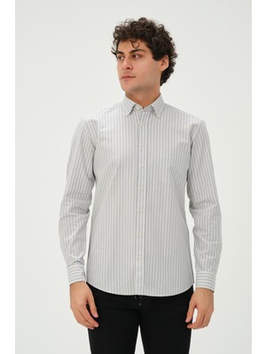 PSY Erkek Gri Çizgili Kışlık Oxford Regular Fit Uzun Kol Gömlek