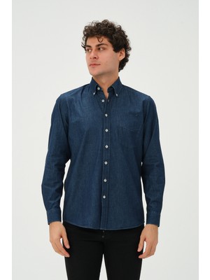 PSY Erkek Lacivert Denim Regular Fit Uzun Kol Gömlek