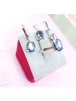 Oriental Kuyumculuk Jewellery Mistik Topaz Taşlı Oval Kolye Küpe Yüzük Gümüş Set Takım