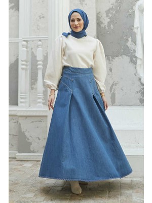 Neways 2284 - Denim Pileli Mevlana Etek Koyu Mavi