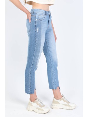 Banny Jeans Kadın Çift Renkli Paçası Kesik Jean Pantolon Mavi