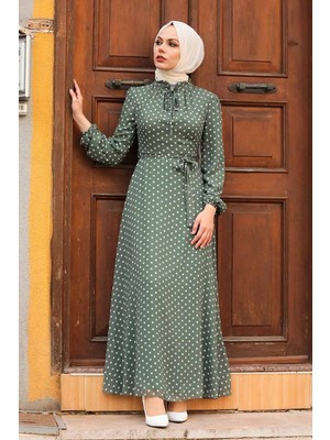 Neva Style Puantiyeli Haki Tesettür Elbise 27909HK