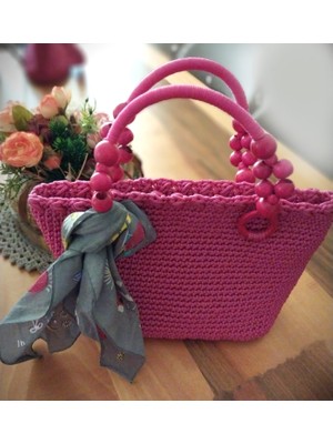 Eflins Pembe Çanta El Örgüsü Makrome Ip Ahşap Boncuklu El Saplı