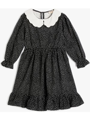 Koton Puantiyeli Elbise Uzun Kollu Bebe Yaka Fırfır Detaylı Büzgülü