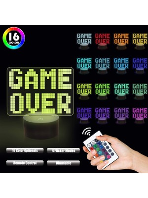 Aqqogib Game Over LED 8bit Lamba Gece Aydınlatması Çocuklar Için 3D Illusion Lambası, Uzaktan Kumandayla Değişen 16 Renk, Hediye Olarak Çocuk Yatak Odası Oyun Odası Oyun Hediyesi Dekoru (Yurt Dışından)