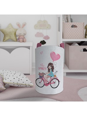 Mekta Home Bebek ve Çocuk Odası Bisikletli Kız ve Kalpli Balon Desenli Oyuncak Sepeti