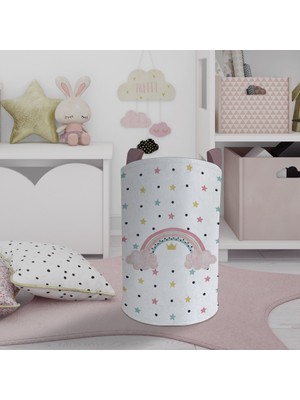 Mekta Home Yıldızlı ve Seksek Desenli Renkli Bebek ve Çocuk Odası Oyuncak Sepeti 45cm Boy 35cm Çap
