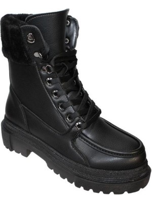 Yaz Kış Ayakkabı Yazkış Kadın Siyah Kürklü Bağcıklı Kalın Taban Postal