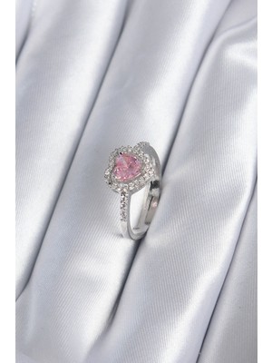 Mustran Pirinç Gümüş Renk Pembe Zirkon Taş Kalp Charm Model Kadın Yüzük