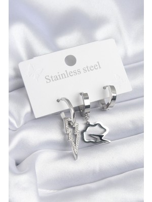 Clariss 316L Çelik Gümüş Renk Zirkon Taşlı Şimşek Model Bulut Detay Kadın Küpe