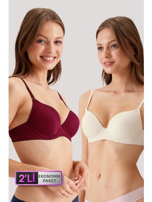 Pierre Cardin 2'li Ekonomik Paket 6805 Inci Bordo Push Up Dolgulu Micro Tshirt Sütyen Set (Tak Çıkar Askılı)