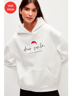 Muni Muni Yılbaşı Temalı Kapüşonlu Düz Renk Sweatshirt-Beyaz