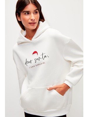 Muni Muni Yılbaşı Temalı Kapüşonlu Düz Renk Sweatshirt-Beyaz