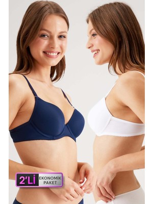 2'li Ekonomik Paket Beyaz Lacivert 6804 Lens Balenli Desteksiz Micro T-Shirt Sütyen Set