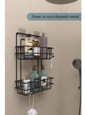 Moniev Moniev2 Katlı Yapışkanlı Duş Rafı Banyo Düzenleyici Sepet Kancalı Paslanmaz Şampuanlık Delmeden Asılır
