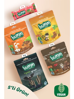 Humm Organic 5 Adet Organik Vegan Atıştırmalık Paketi İçindekilerle Zenginleştirilmiş Lezzetler