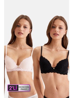 Pierre Cardin 2'li Ekonomik Paket Pudra-Siyah 4731001-2 Rome Balenli Soft Push Up Dantelli Sütyen Set