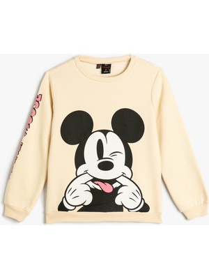Koton Mickey Mouse Sweatshirt Lisanslı Uzun Kollu Bisiklet Yaka Şardonlu