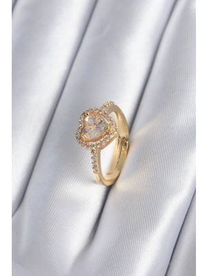 Stil Love Pirinç Gold Renk Zirkon Taşlı Kalp Charm Model Kadın Yüzük