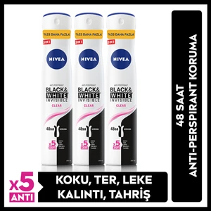Kadın Sprey Deodorant Black & White Invisible Clear 48 Saat Anti-Perspirant Koruma 200 ml x 3 Adet