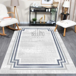 Bellino Halı Yıkanabilir Halı Kaymaz Taban Bambu Halı Pamuk Dokuma Kilim Mavi Geçişli Çerçeve Desenli Salon Halısı Mutfak Halısı ve Yolluk