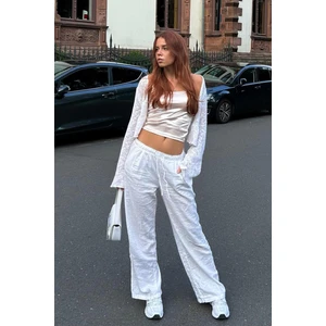 Beyaz Beli Büzgülü Wide Leg Kumaş Pantolon MG1950