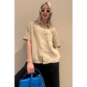 Bej Muslin Kumaş Basic Kadın Gömlek MG1784