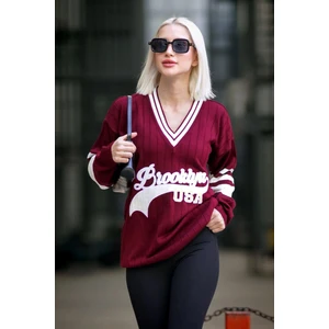 Bordo V Yaka Nakışlı Kadın Kazak MG1279