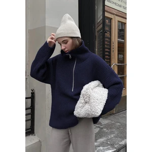 Lacivert Fermuar Yaka Oversize Kazak MG1946