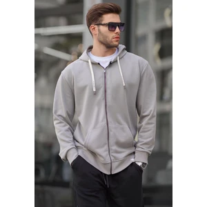 Boyalı Gri Fermuarlı Kapüşonlu Sweatshirt 6161