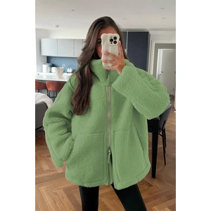 Mint Yeşili Dik Yakalı Cepli Peluş Mont MG1966