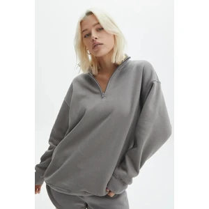 Boyalı Gri Fermuar Detaylı Oversize Sweatshirt MG1933