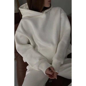Beyaz Kapüşonlu Şardonlu Oversize Sweatshirt MG1566
