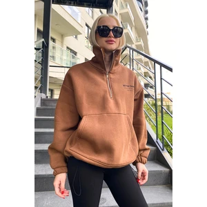 Kahverengi Dik Yaka Fermuarlı Kadın Sweatshirt MG1935