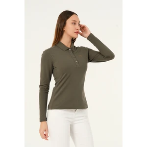 Mswkadın Regular Fit Haki Uzun Kollu Polo