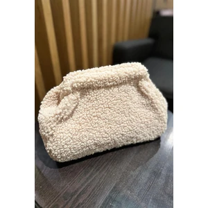 Kadın Bej Peluş Teddy Clutch Portföy Çanta