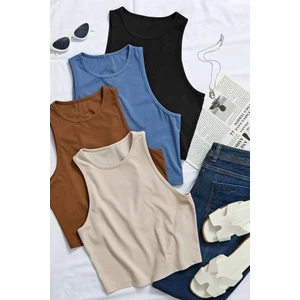 Merry See 4'lü Paket 4 Renk Takım Kadın Kolsuz Örme Kumaş Bluz Crop