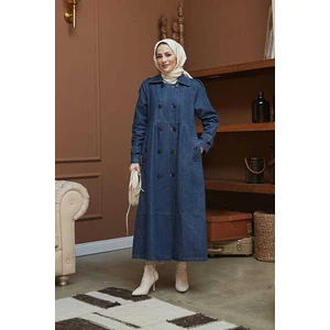 Denim Ceket Kadın Koyu Mavi Süs Pileli Coton Kumaş ile