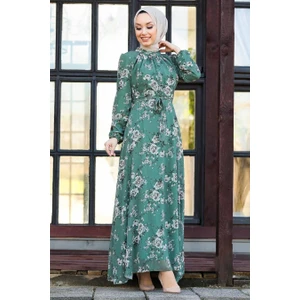 Neva Style Çiçek Desenli Yeşil Tesettür Elbise 81390Y